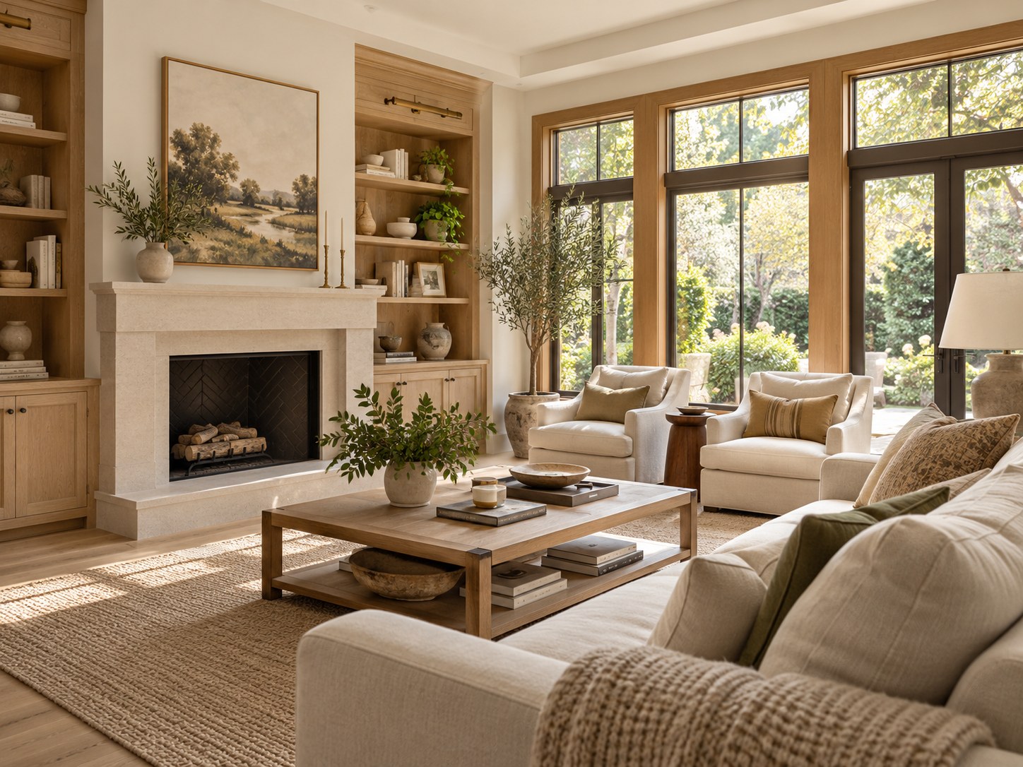 Comfortable living room with built-ins, natural light, and warm wood accents